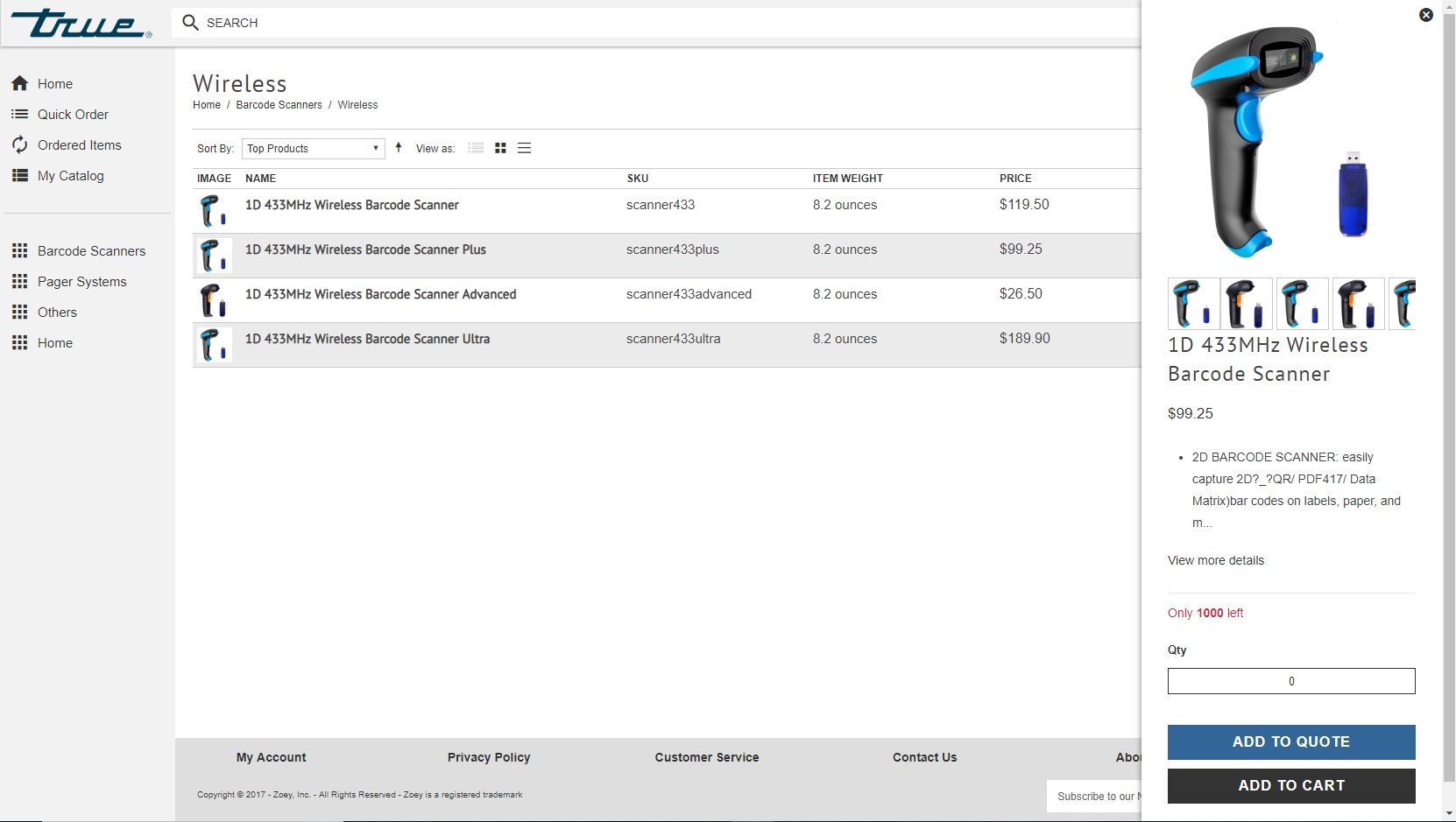 Order Portal Table Category View with Quick View Active