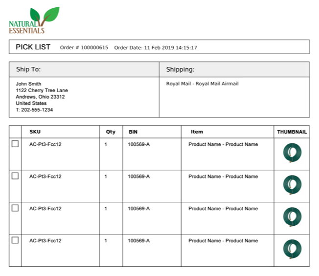 Single Order Pick List