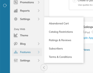 Zoey Web Features menu