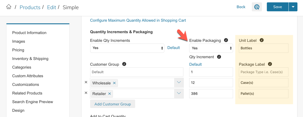 Packaging Quantity Settings in Zoey Admin