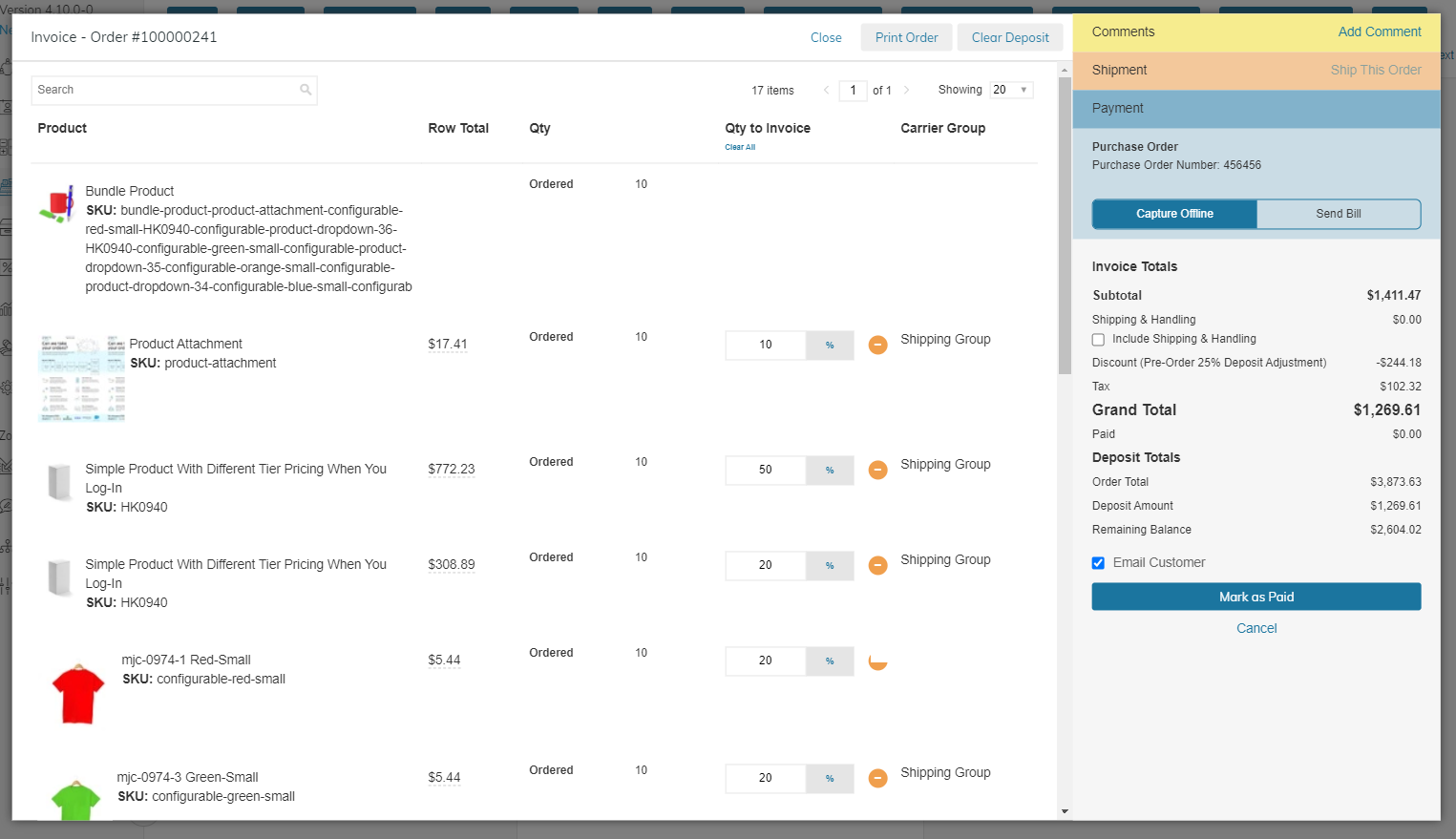 Set deposit by item billing system