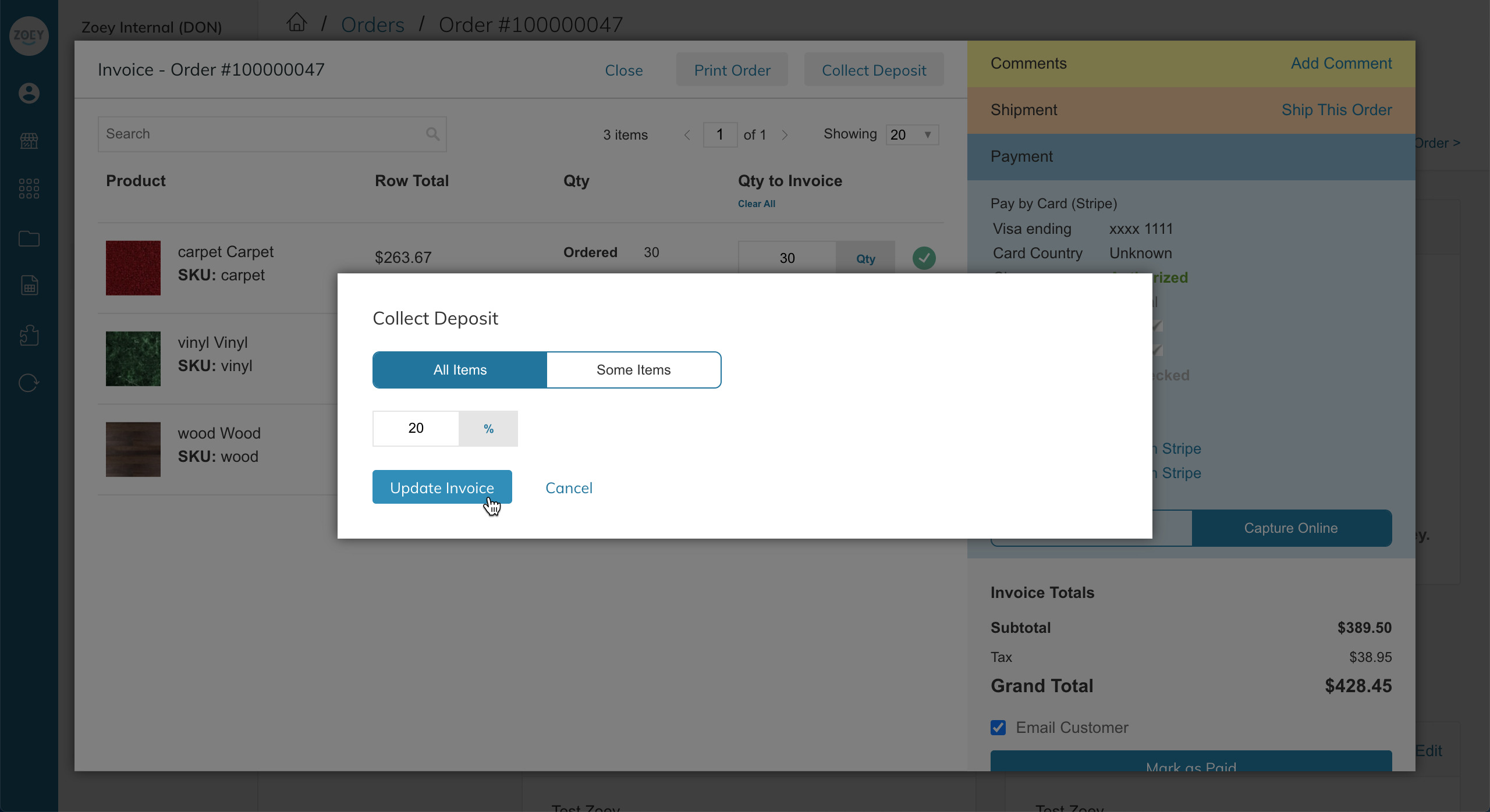 Zoey Admin collect deposit on order