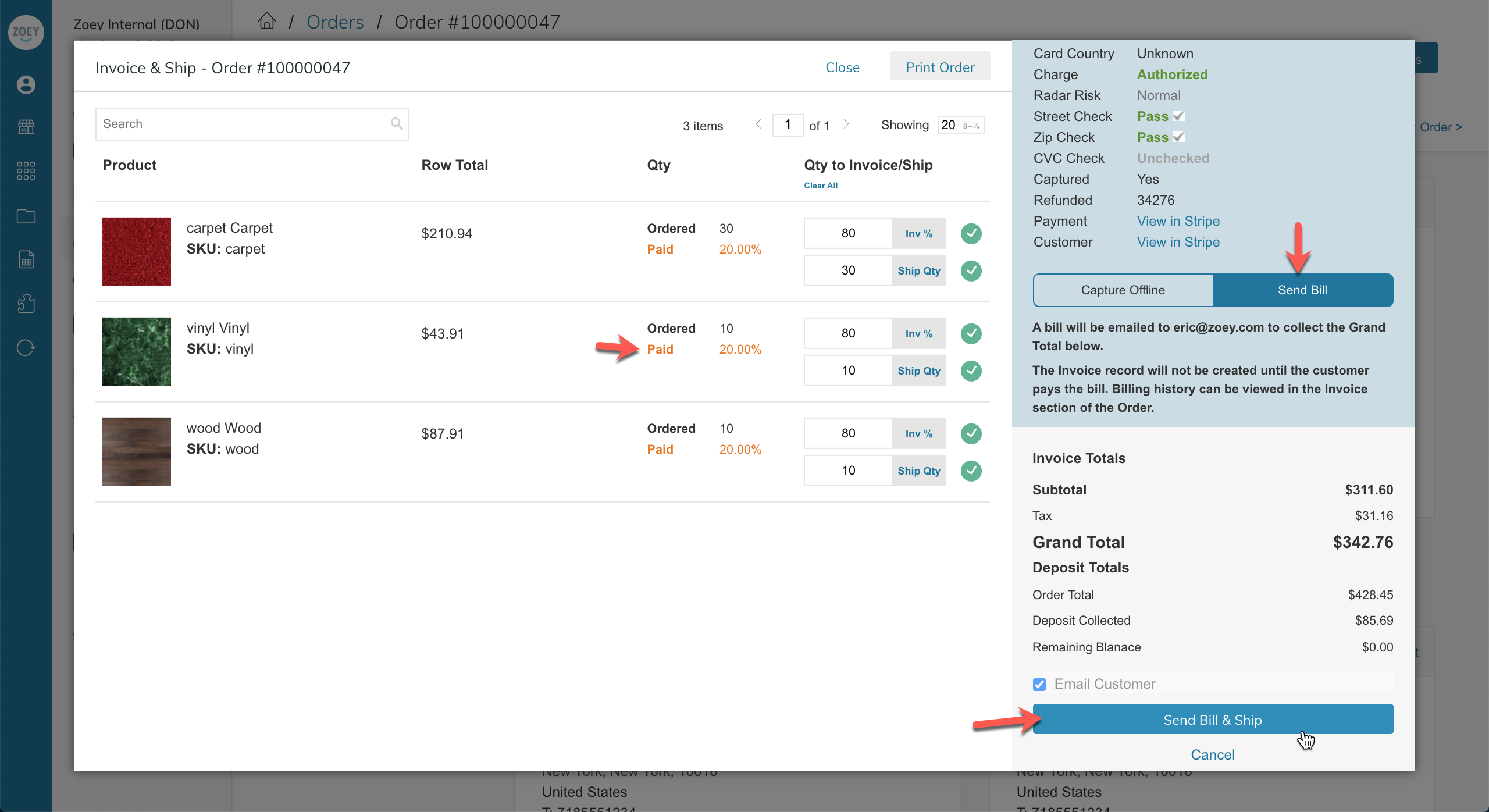 Zoey Admin Generate invoice to collect the balance remaining