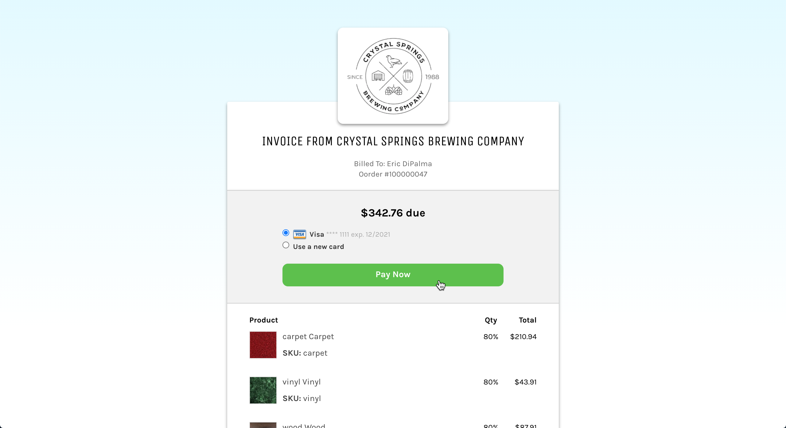 Zoey Web Invoice Review/Payment Screen