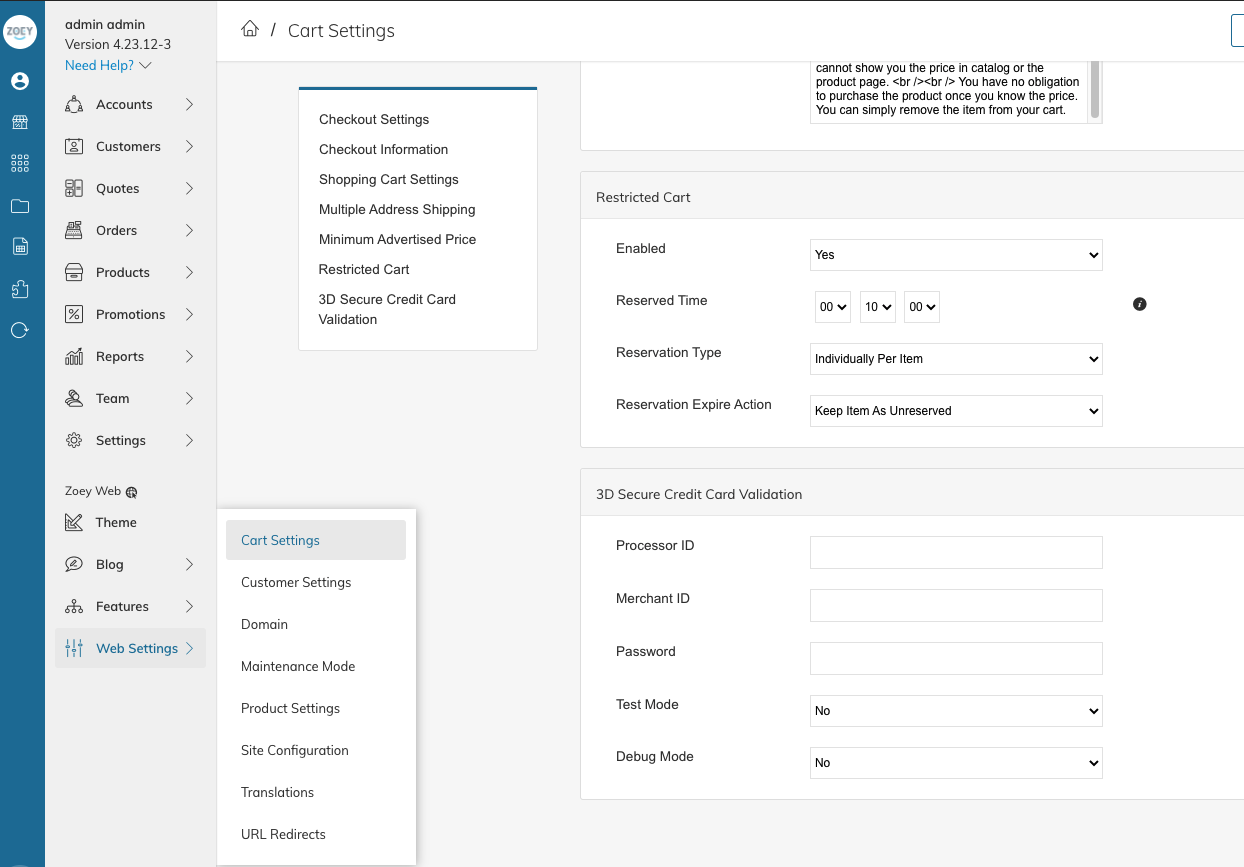 Reserved Products configuration in Zoey Admin