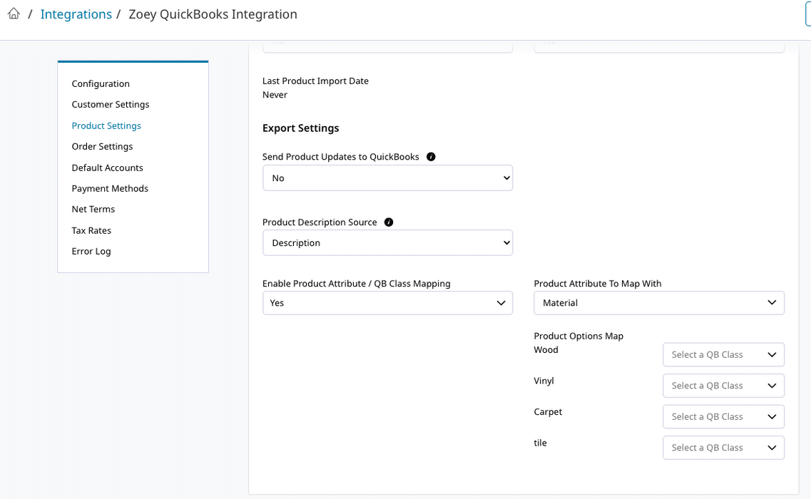 Zoey Product Attribute Class to QuickBooks Online Class