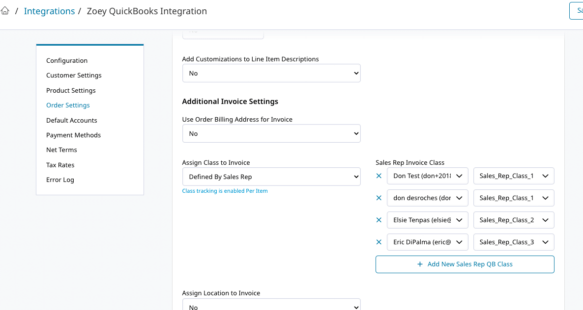 Zoey Sales Reps Mapped to QuickBooks Class