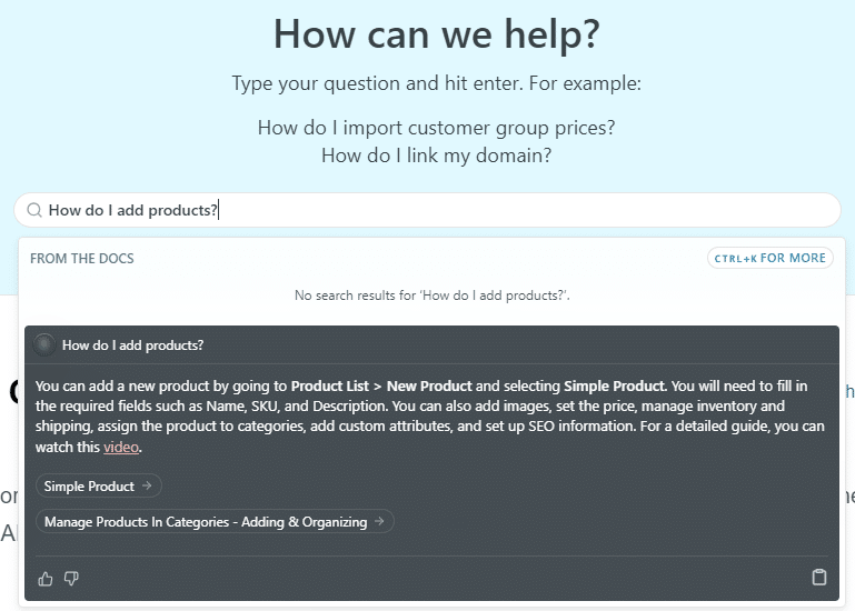 AI powered support search example
